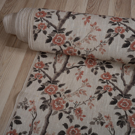 100% LINEN Fabric block print - oatmeal linen fabric with pink brown floral print - fabric for upholstery home decor or dressmaking 2039