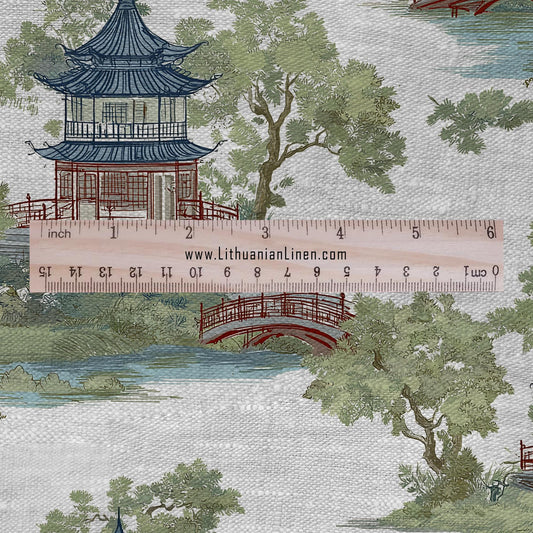 100% LINEN Fabric chinoiserie landscape - floral house print on oatmeal linen for home decor sewign dress clothing 2876