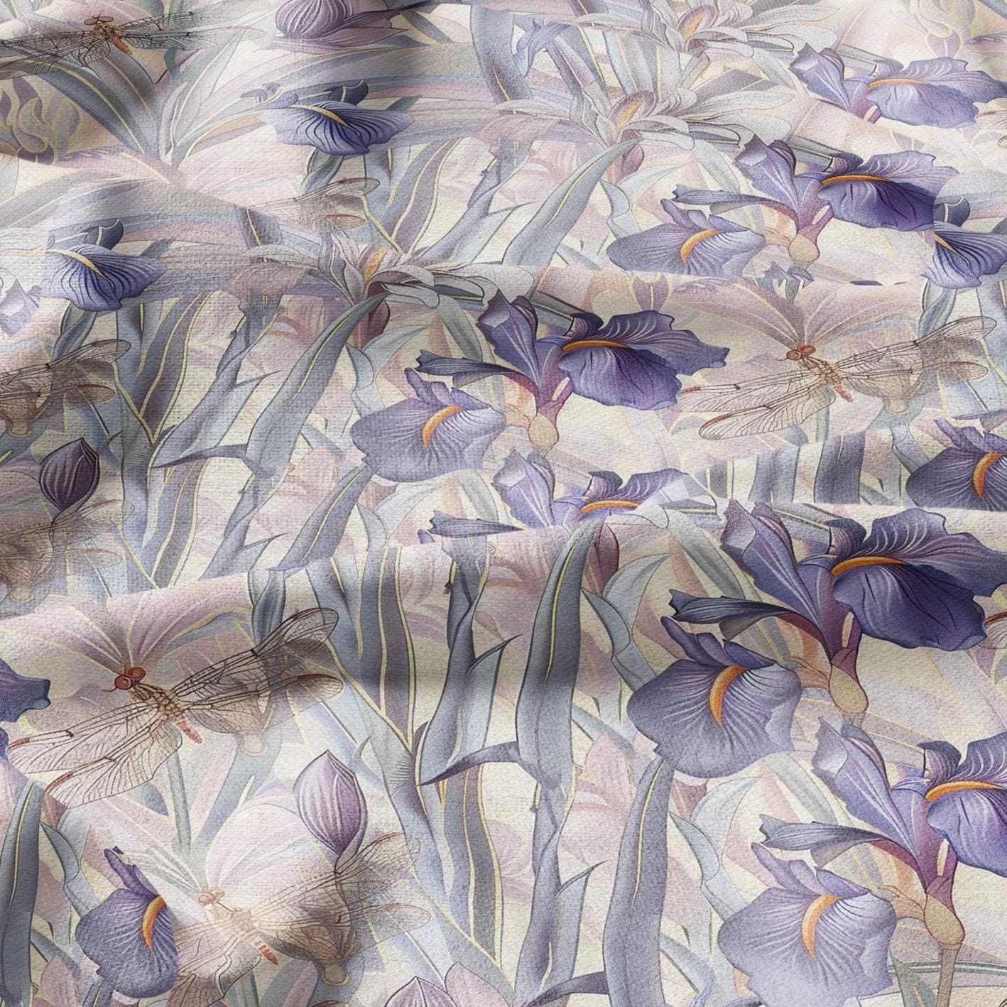 100% LINEN fabric pastel Iris dragonflies print - botanical linen Fabric for upholstery home textile dress making 2028