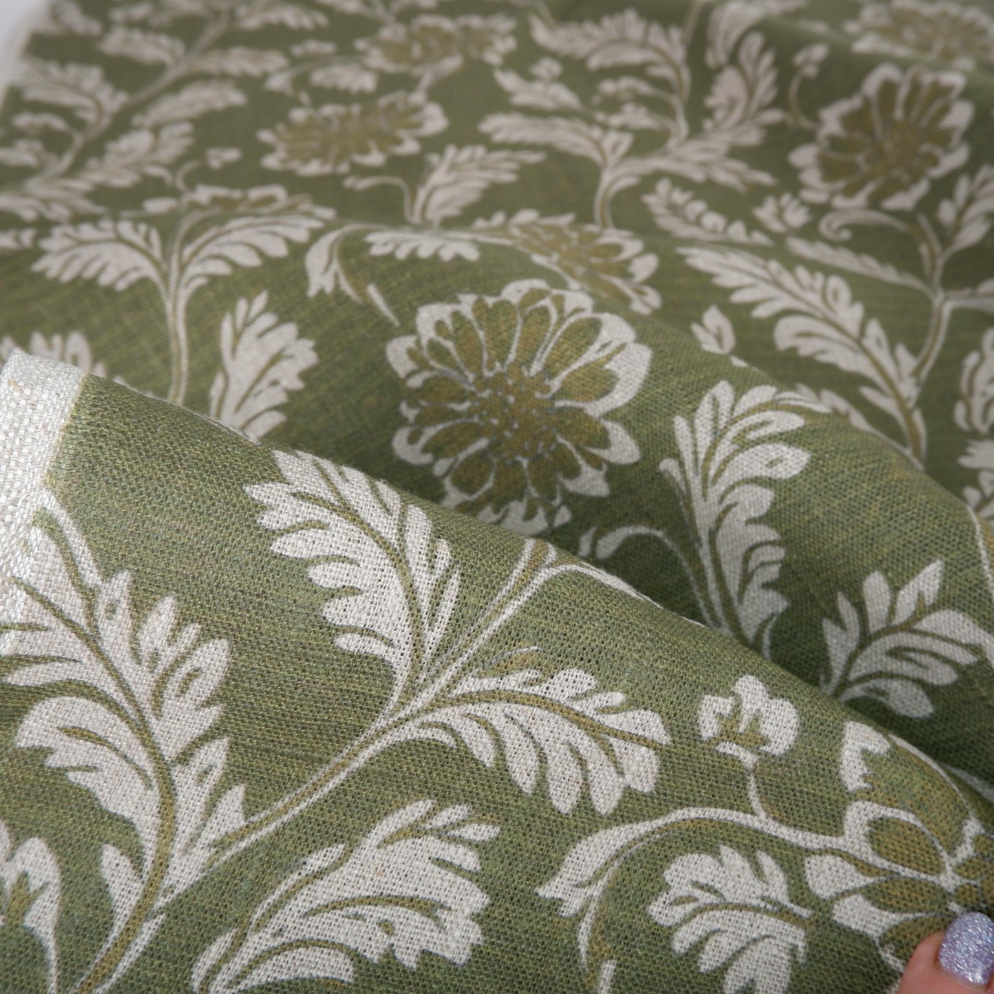 100% LINEN Fabric green floral block print on oatmeal natur linen - botanical greenery toile de jouy fabric, French linen floral upholstery