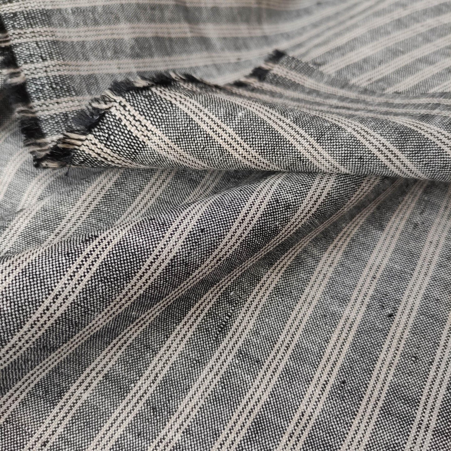 Premium Linen striped Fabric in black natural linen | Marseille stripe Medium weight natural black stripes