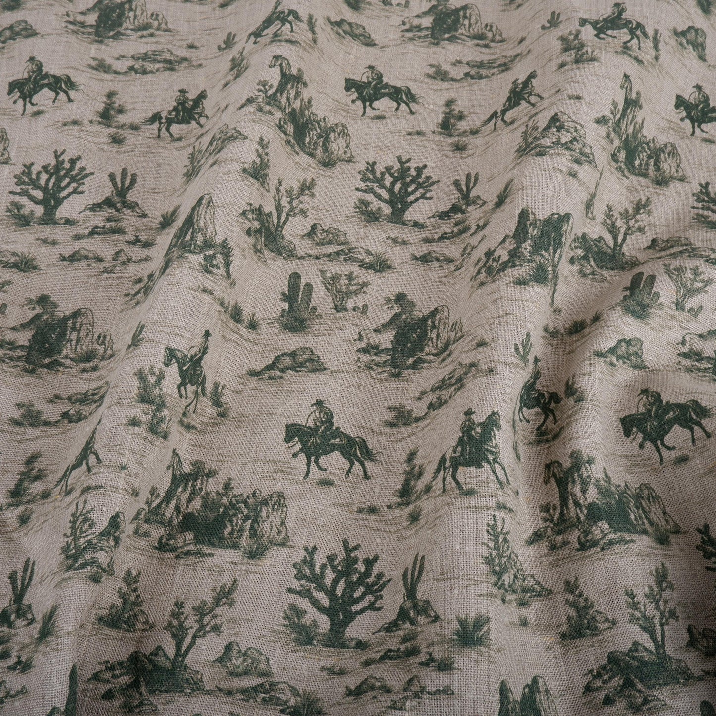 100% LINEN Fabric Toile de Jouy Cowboy in desert Countryside - oatmeal linen fabric with green print upholstery home decor curtains