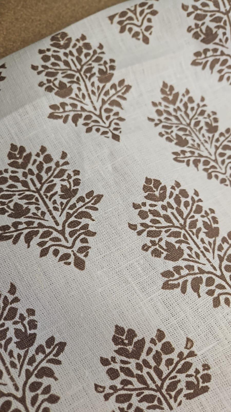100% LINEN Fabric block print bron on white linen, botanical fabric with brown indian block print on linen for home decor upholstery