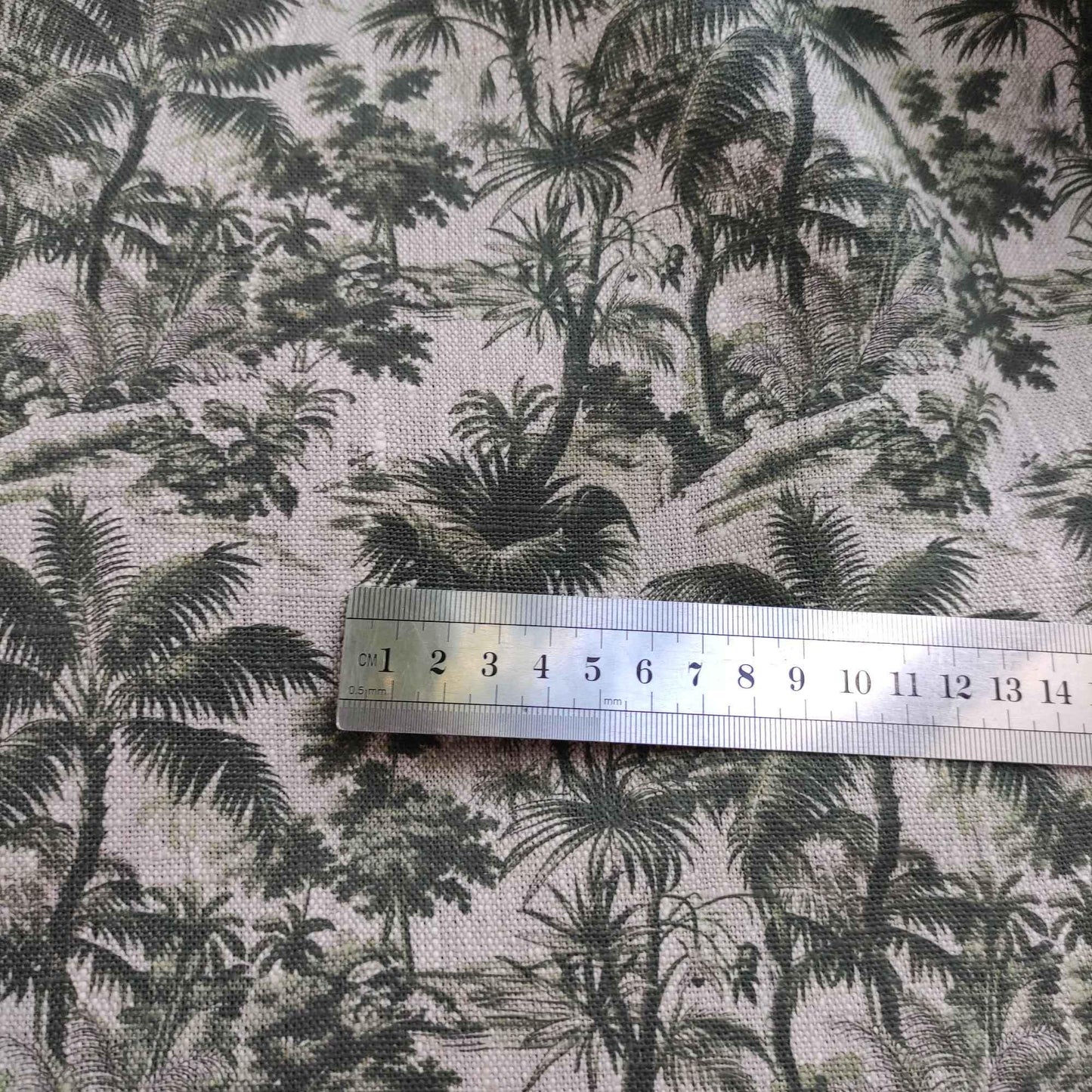 100% LINEN Fabric floral green palm trees print on oatmeal natur linen, linen botanical fabric for upholstery home decor