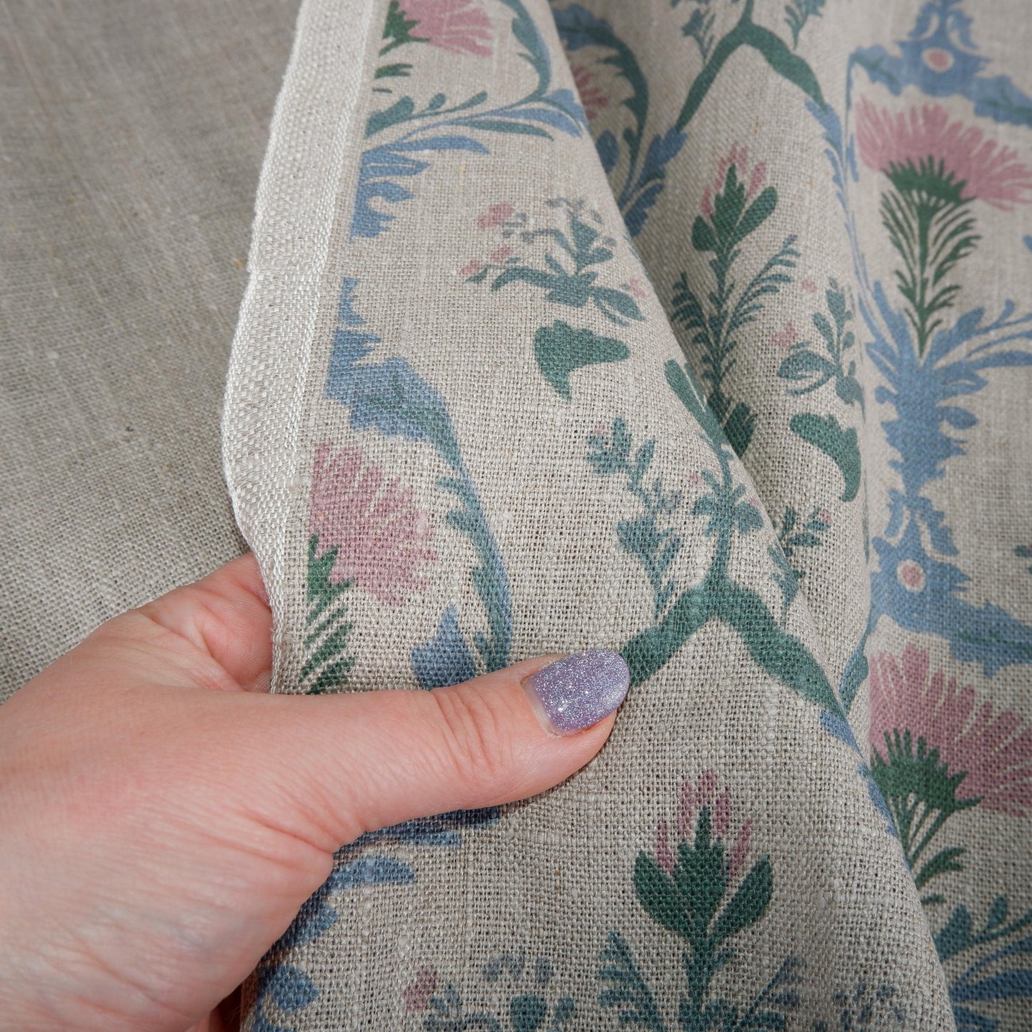 100% LINEN Fabric pink blue block print on oatmeal natur linen, floral toile de jouy fabric, French linen floral upholstery 2254