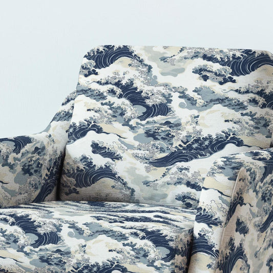 100% LINEN Fabric UPHOLSTERY 12oz - great wave - Japanese print on linen 2339