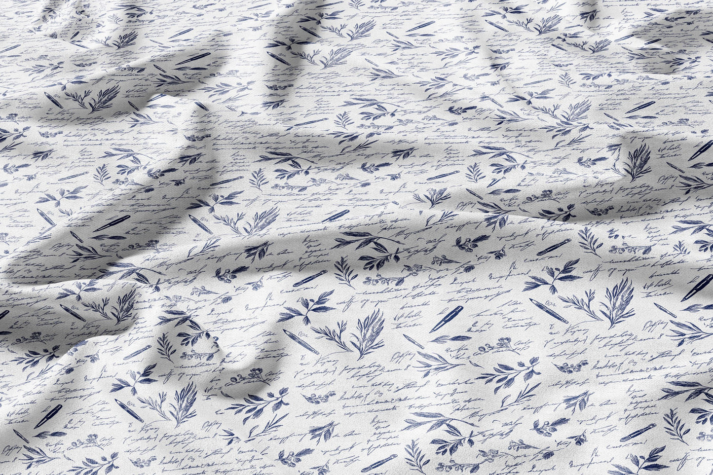 100% LINEN Fabric blue writting print on white linen - indigo blue letter fabric for uphlstery heavy / medium for clothing 2577