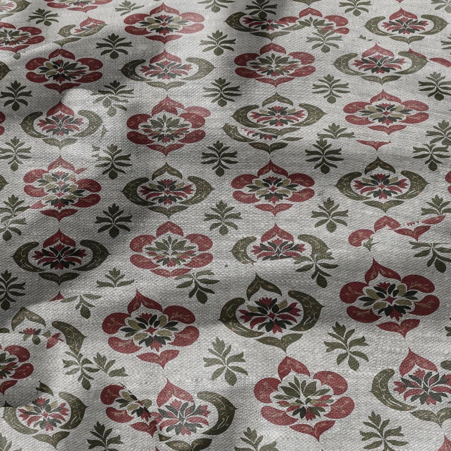 100% LINEN Fabric hand block print flowers - oatmeal linen fabric with red green print - fabric for home decor upholstery