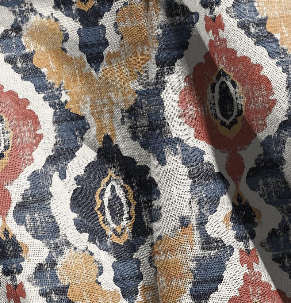 100% LINEN Fabric Abstract Ikat etno print, red brwn black ikat print on linen for upholstery home decor curtains pillows