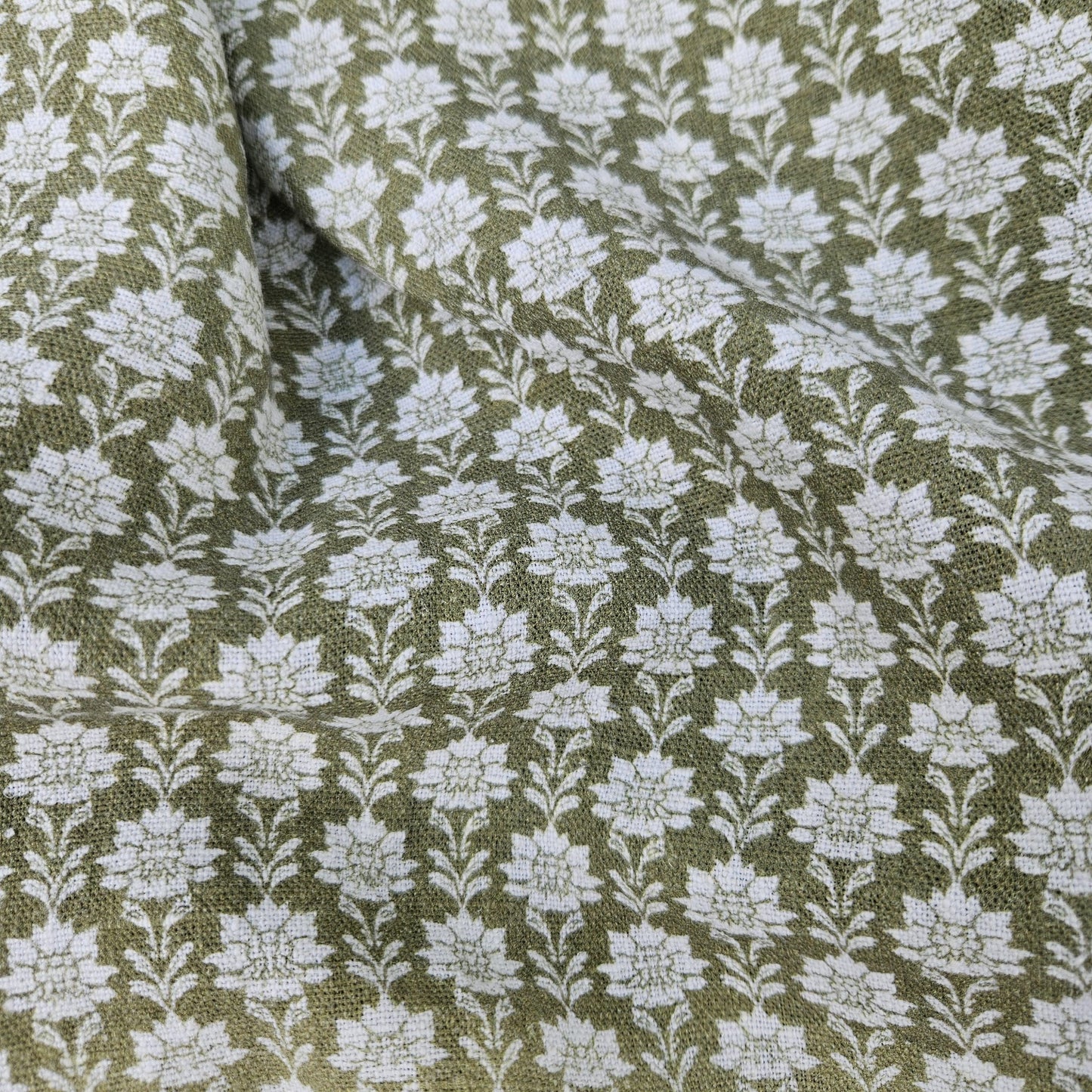 100% LINEN Fabric block print olive green on white - heavy linen fabric for upholstery home decor or medium for clothing 2512