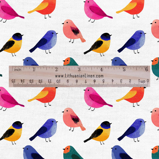 100% LINEN Fabric block print indigo colorful bold lush colors birds on white - heavy linen fabric for upholstery home decor 2887