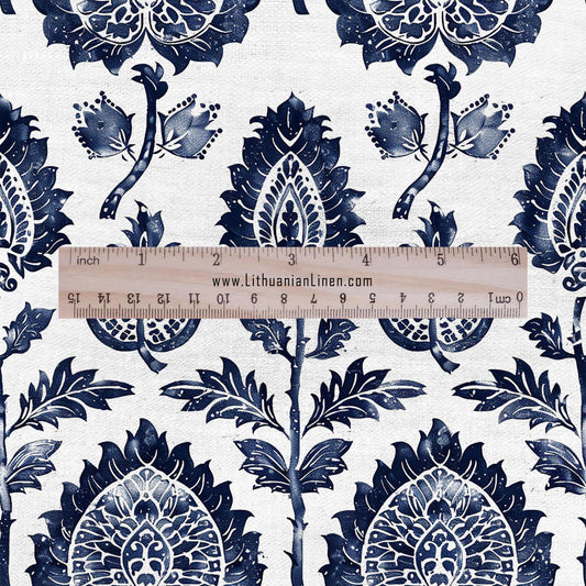 100% LINEN Fabric block print indigo blue on white - blue floral print heavy linen fabric for upholstery home decor 2009