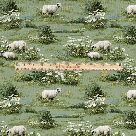 100% LINEN Fabric UPHOLSTERY 12oz - Irish sheep in green fields print on linen - Modern vintage floral animal pattern 2003