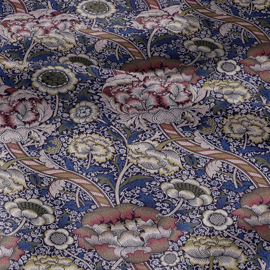 William Morris Wandle navy blue print on 100% LINEN - Victorian Art crafts linen Fabric - botanical Historical upholstery home textile