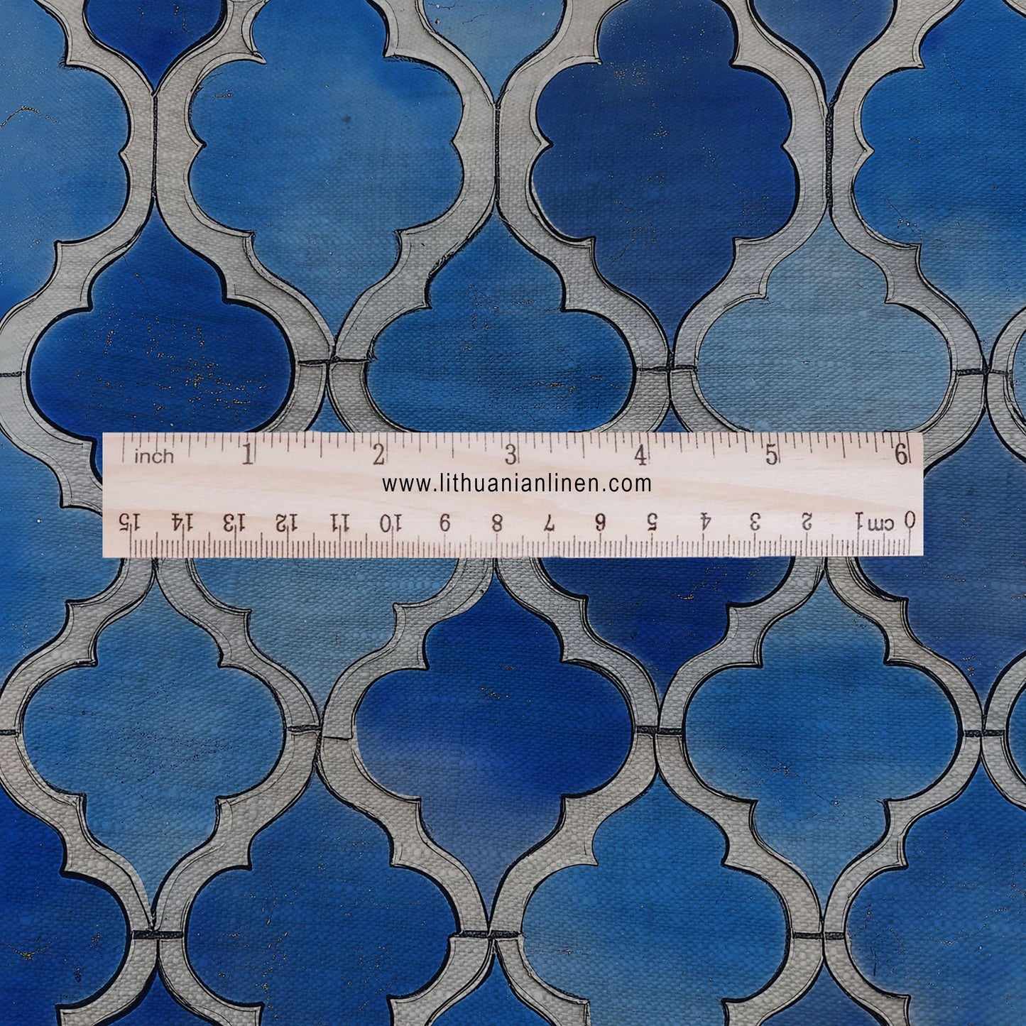 100% LINEN Fabric Abstract Blue Santorini Tiles print - modern contemporary print on linen fabric upholstery dress making curtains