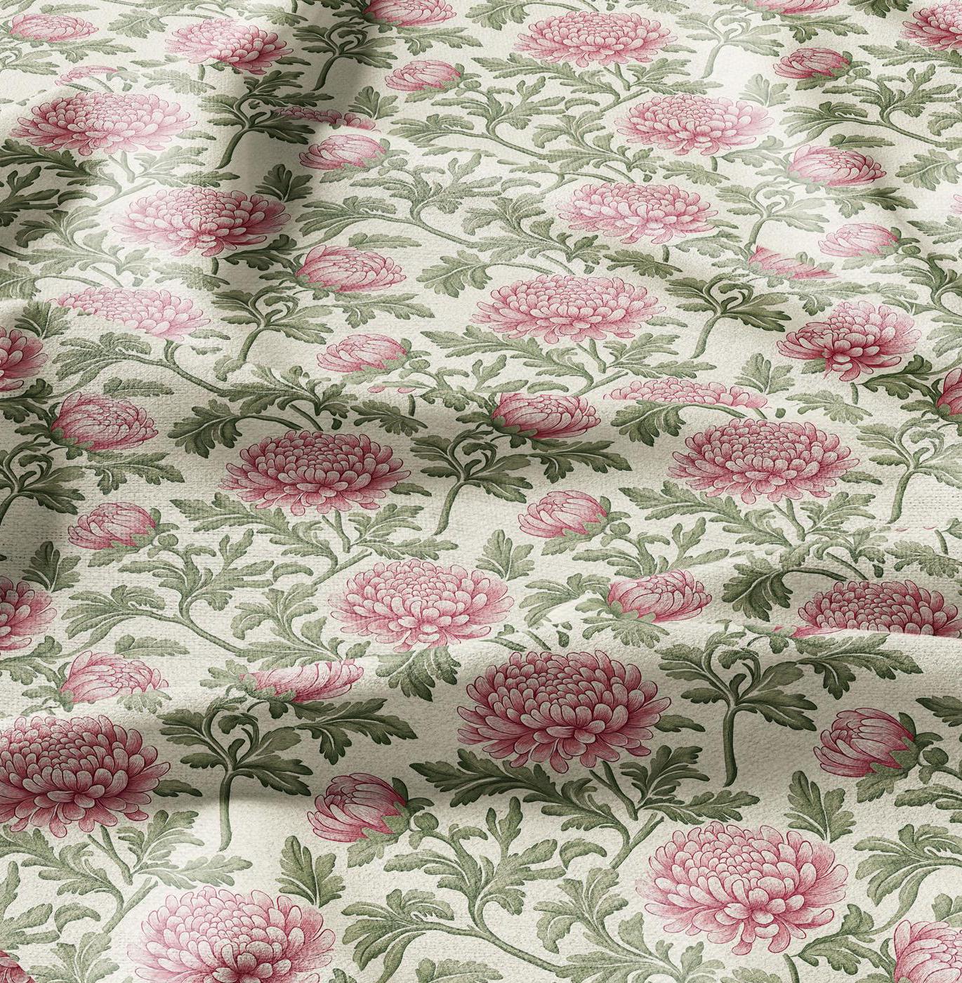 100% linen Chrysanthemum print - floral green red linen fabric Historical pattern for upholstery dress making curtains