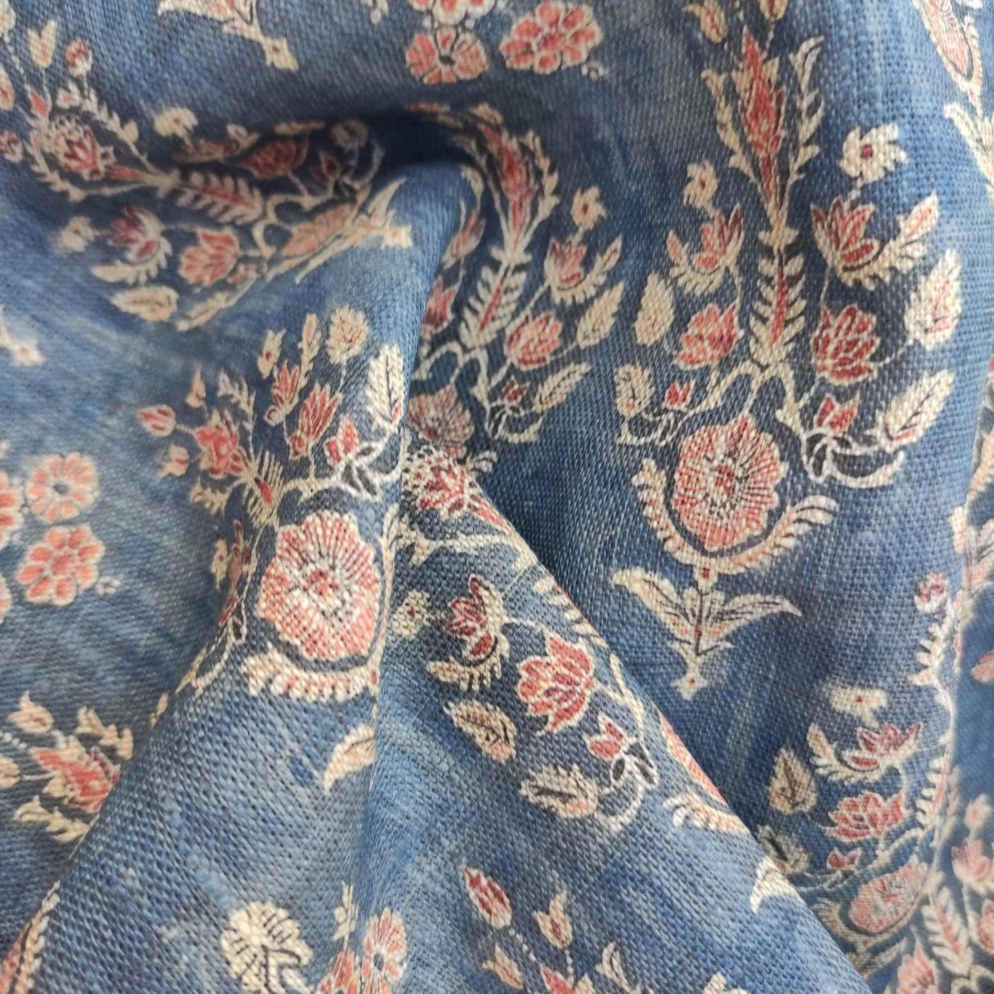 100% LINEN Fabric block print, oatmeal natur linen fabric with blue floral print, heavy linen fabric for upholstery home decor 322