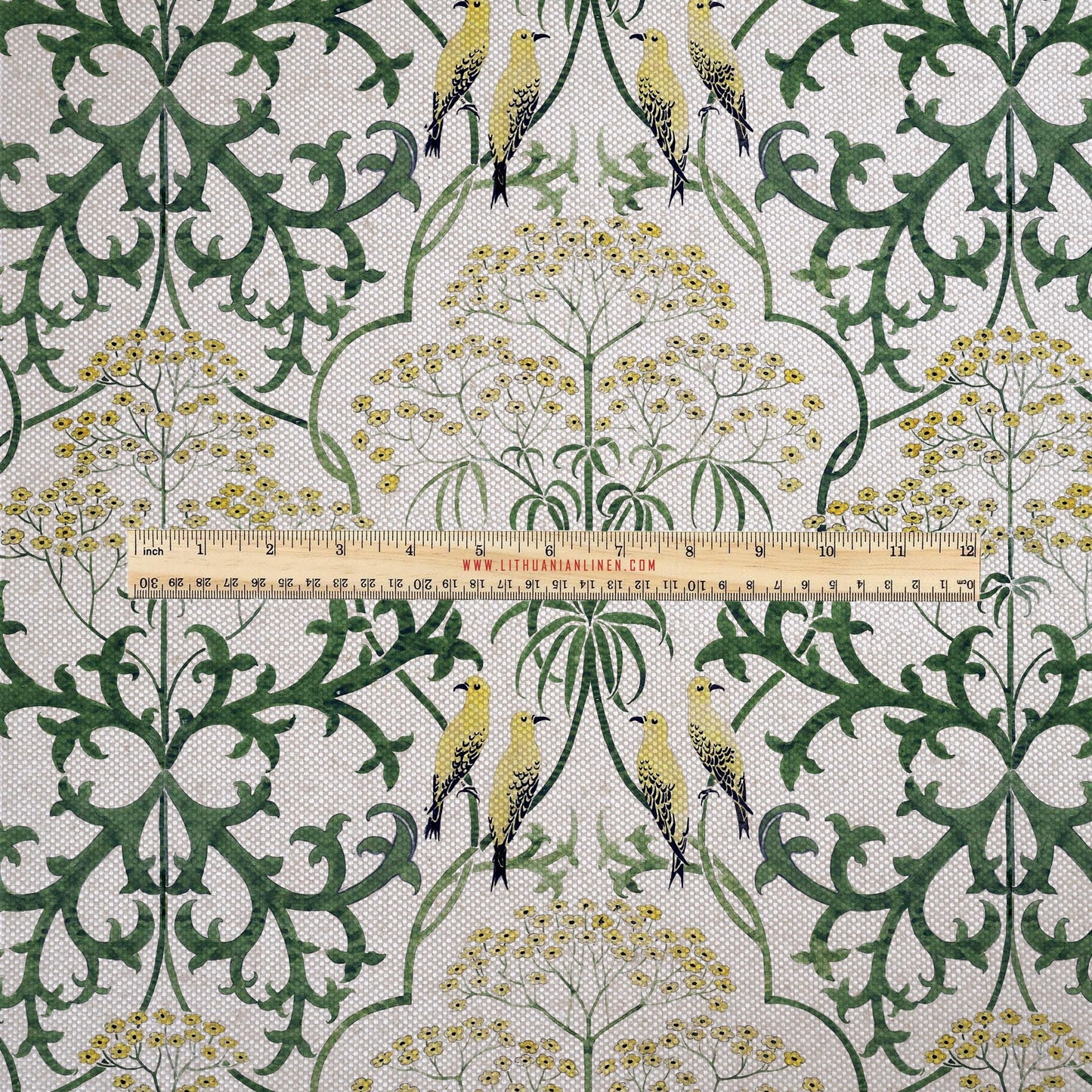 100% LINEN Fabric UPHOLSTERY 12oz - Voysey Yellow birds Tansy flower on oatmeal linen - Modern vintage historical British floral 3003