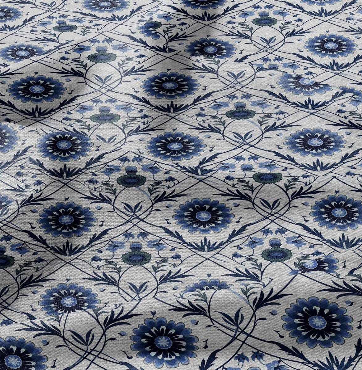 100% LINEN Fabric block print - linen fabric with blue white floral print - heavy linen fabric for upholstery home decor
