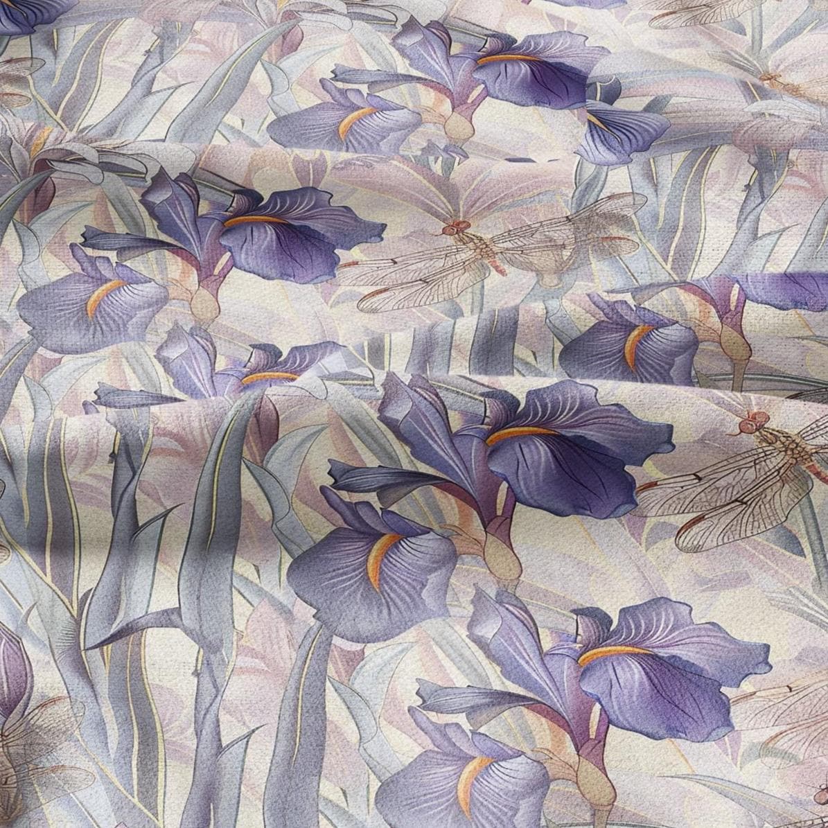 100% LINEN fabric pastel Iris dragonflies print - botanical linen Fabric for upholstery home textile dress making 2028