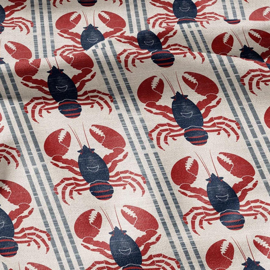 100% LINEN Fabric LOBSTER stripe print - linen fabric with  coastal print for upholstery home decor or medium for dress making