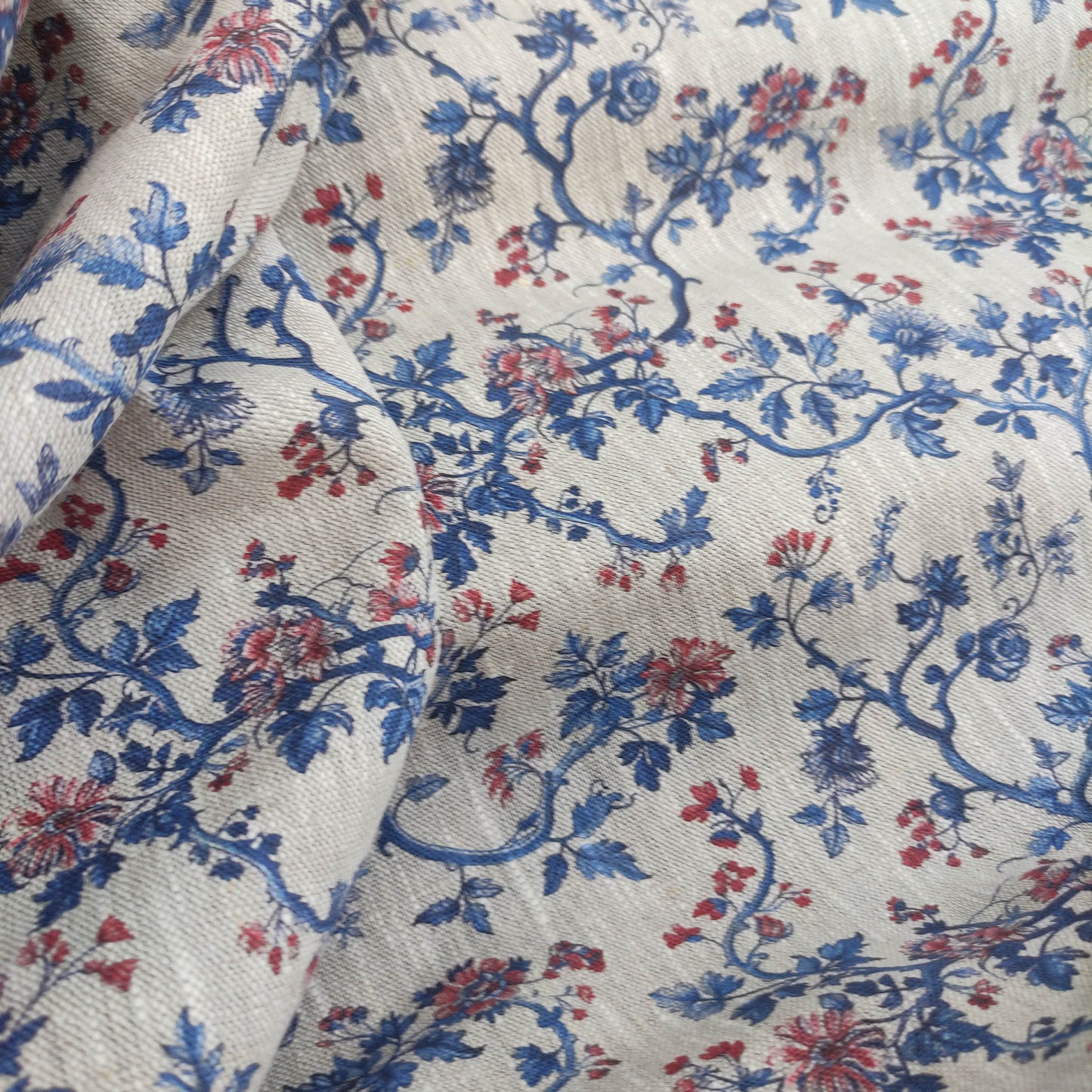 100% LINEN Fabric Toile de Jouy , white botanical fabric with blue indigo red print, French linen floral blossom 326