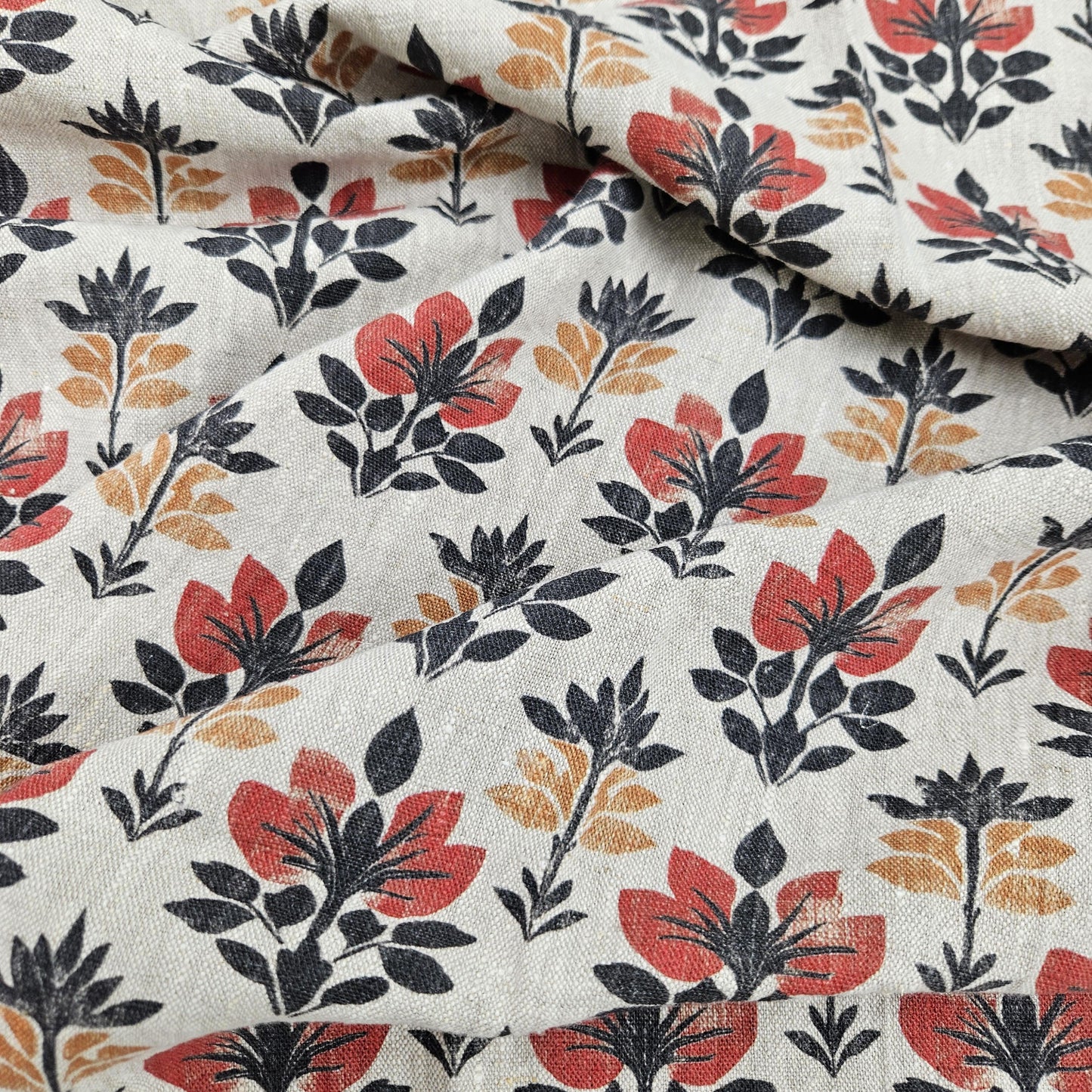 100% LINEN Fabric block print black red on grey | oatmeal linen fabric with floral print | linen fabric for upholstery home decor 2002