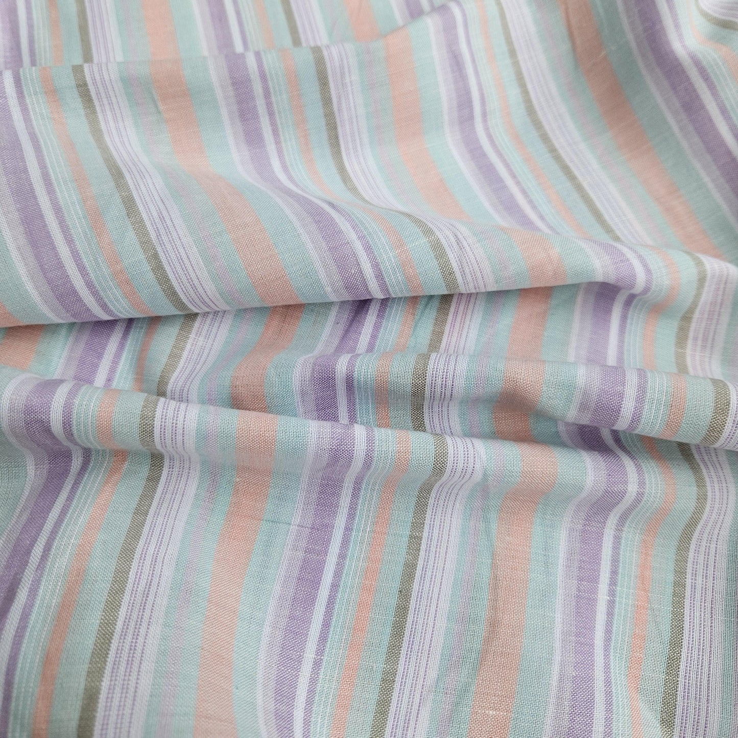 Premium Linen striped Fabric in pastel purple pink white | Medium weight multicolor stripes Roskilde Stripe for clothing home textile