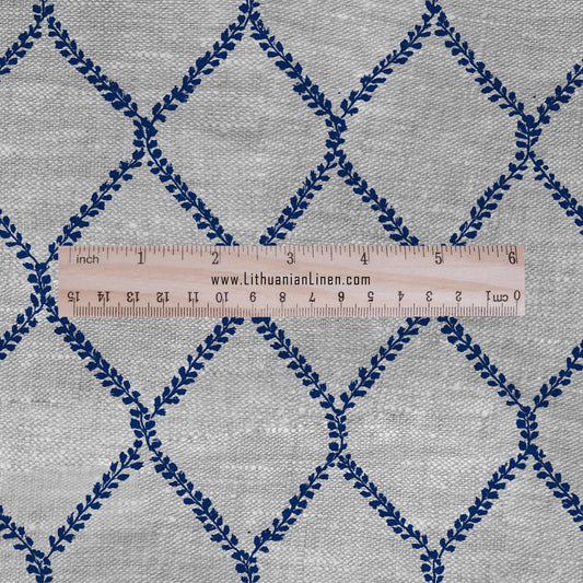 100% LINEN Fabric Herritage trellis print - Grandmillennial Modern vintage blue - upholstery curtains dress making 2949