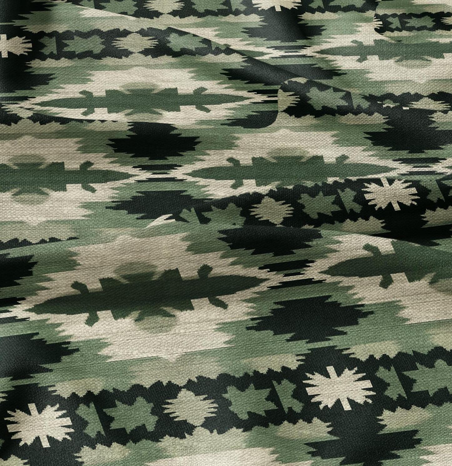 100% LINEN Fabric Western Abstract in green - tribal green print on linen print upholstery curtains dress making