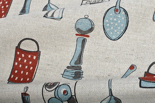 Linen fabric Coffee print Heavy weight 240gsm Kitchen tool print on flax cotton fabric for tablecloth, aprons, home textile
