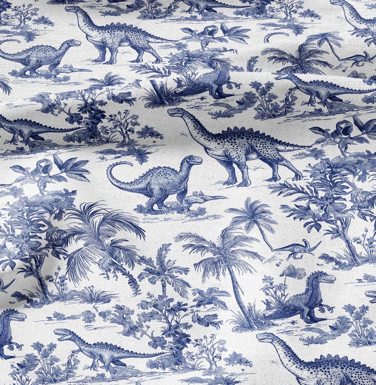 100% LINEN Fabric Toile de Jouy with dinosaures - white botanical fabric with blue indigo print - French linen floral Dino Nursery fabric