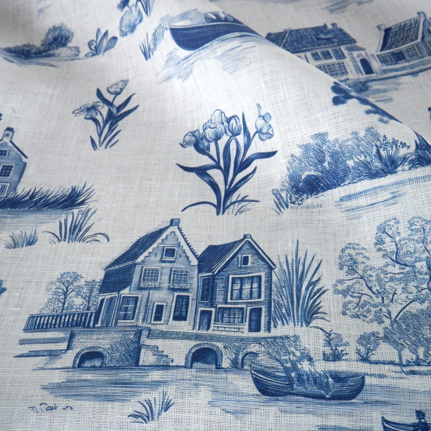100% LINEN Fabric Delft Holland scenery - linen fabric with blue white print - heavy linen fabric for upholstery home decor tablecloth