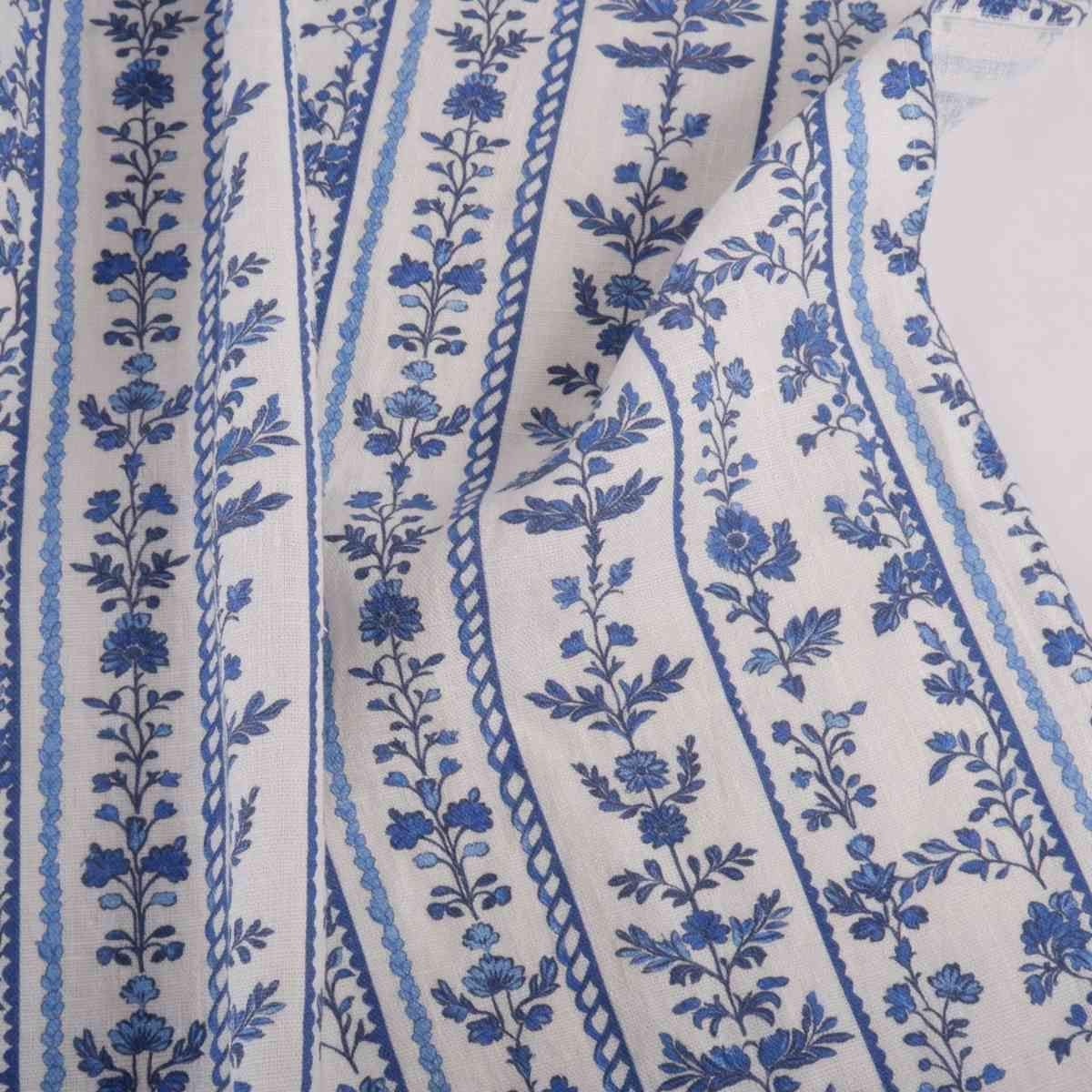 100% LINEN Fabric block print indigo blue white floral - scandinavian botanical fabric with floral print, indian block print on linen linen