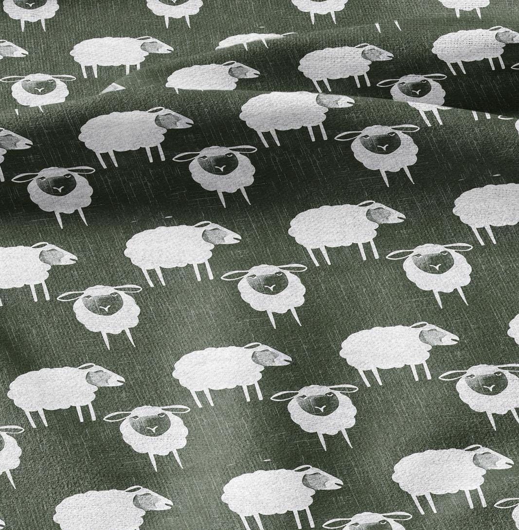 100% LINEN Fabric Sheep green white - white graphic fabric print - Scandinavian linen Modern Nursery fabric