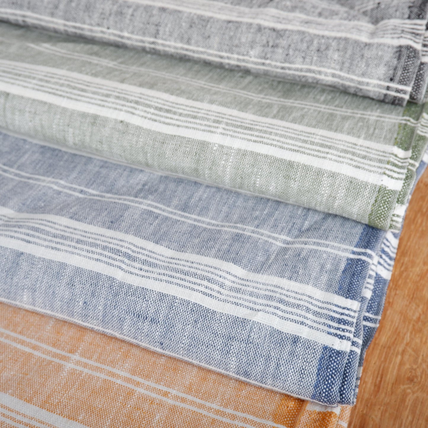 Premium Linen striped Fabric in green white | Heavy weight French country ticking stripes in green black blue yellow white