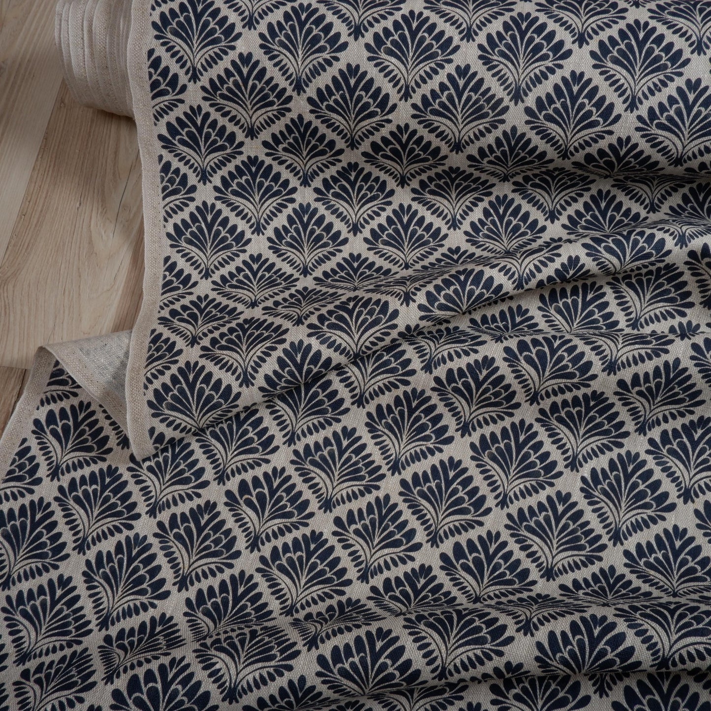 100% LINEN Fabric block print on oatmeal, linen fabric with blue indigo floral print, heavy linen fabric for upholstery home decor clothing