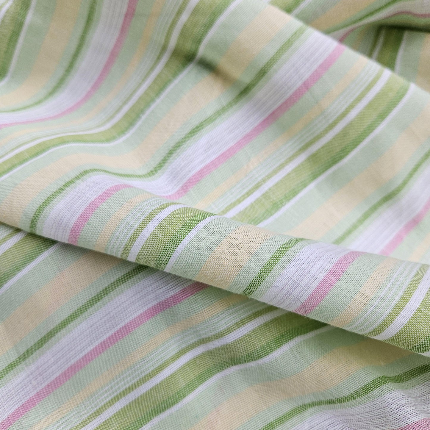 Premium Linen striped Fabric in pastel green white | Medium weight multicolor stripes Andalusia Stripe for clothing home textile