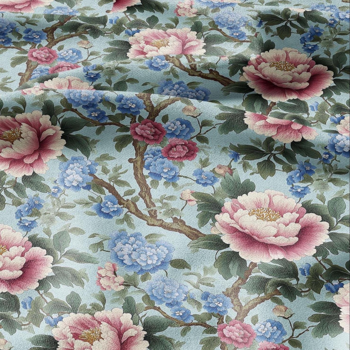 100% LINEN Fabric Chinoiserie Peony print - modern contemporary print on linen fabric upholstery dress making curtains