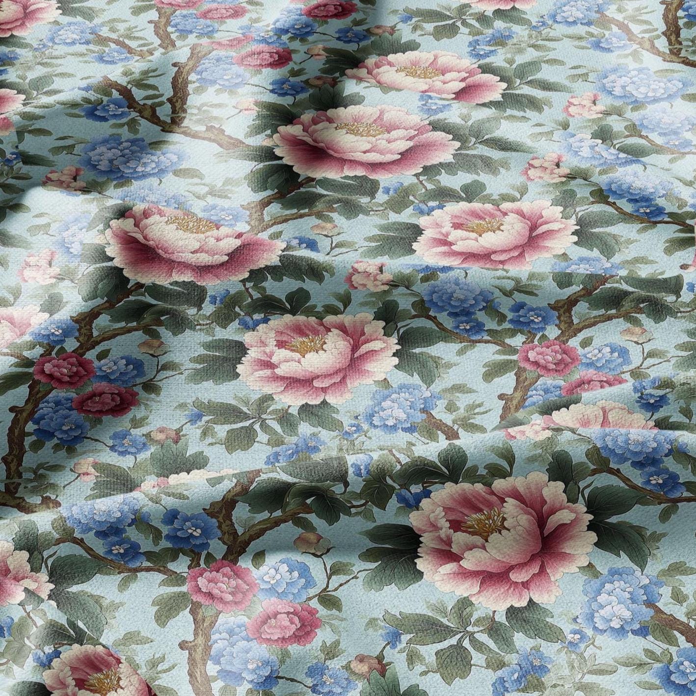 100% LINEN Fabric Chinoiserie Peony print - modern contemporary print on linen fabric upholstery dress making curtains