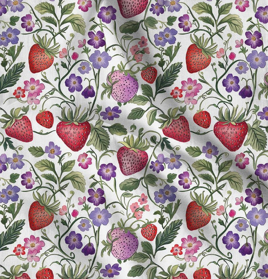 100% LINEN Fabric with strawberry field print - linen fabric with berries floral print - linen fabric upholstery home decor dressmaking