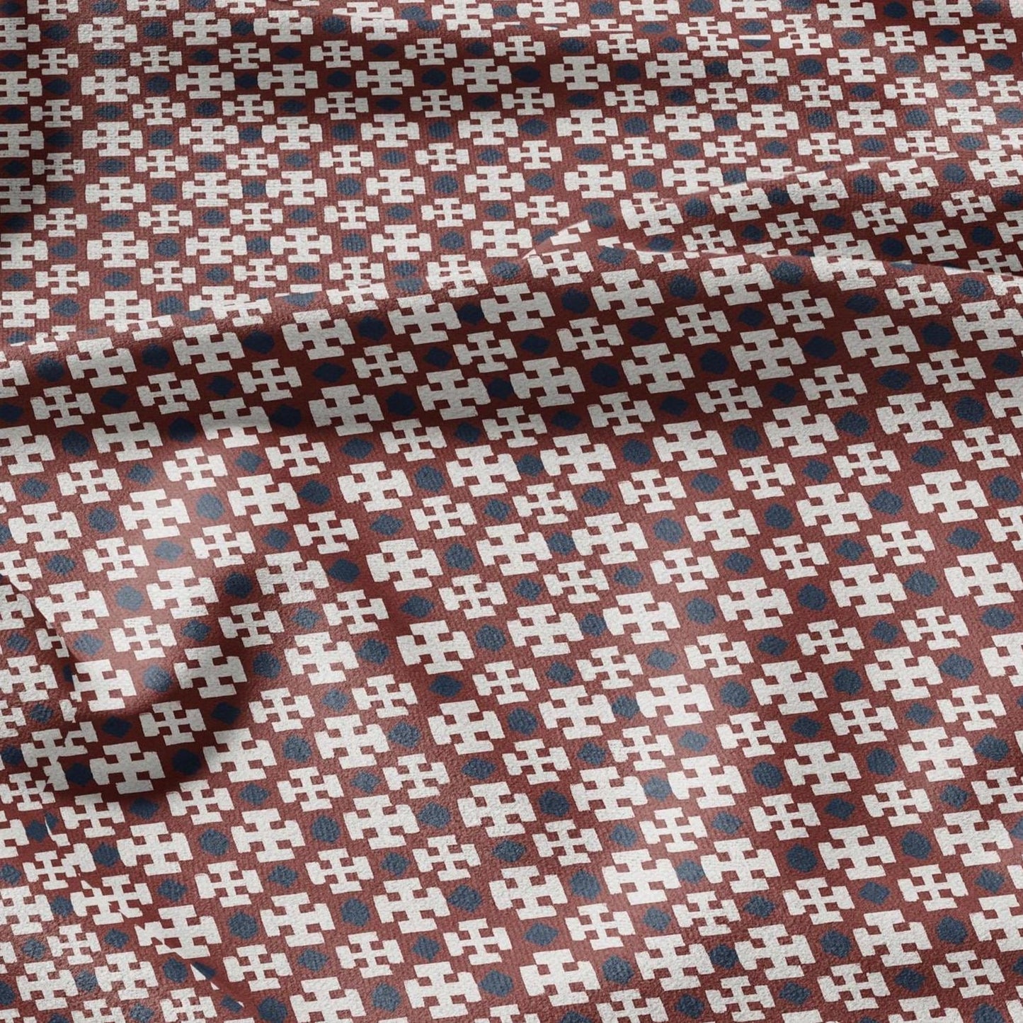 100% LINEN Fabric block Cross Fabric - indigo blue red X print on white - heavy linen fabric for upholstery home decor 2588