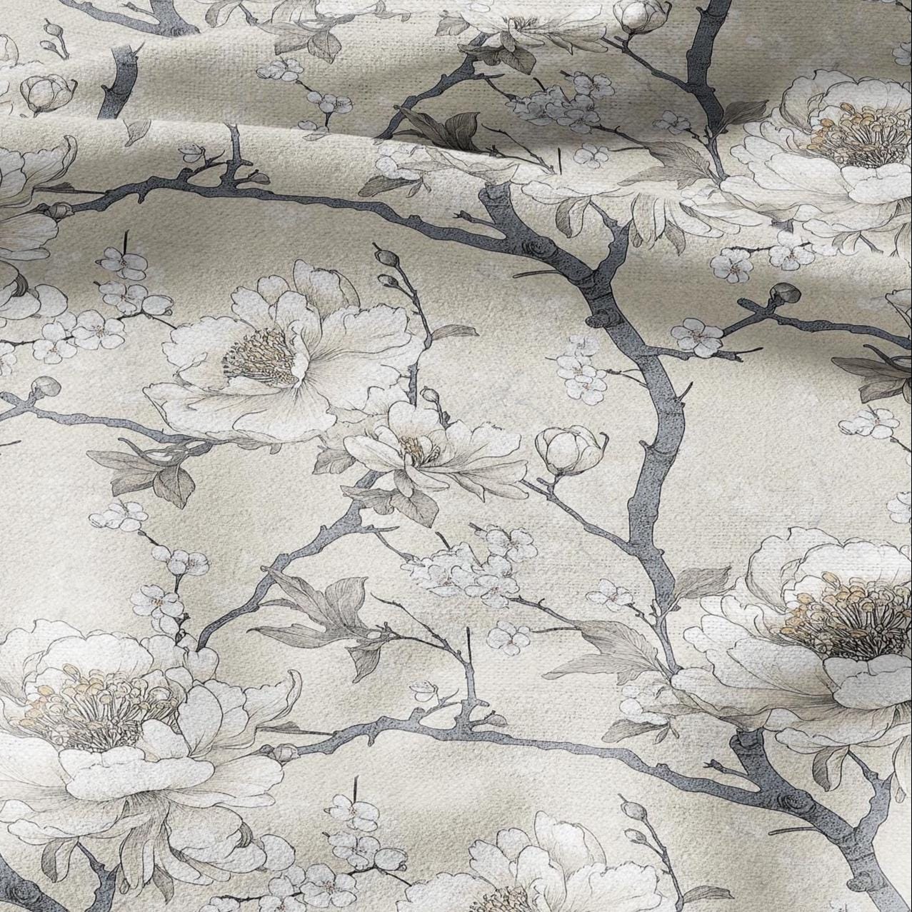 100% LINEN Fabric beige apple blossom print on white linen - floral botanical french linen fabric Provence - linen floral upholstery 2594