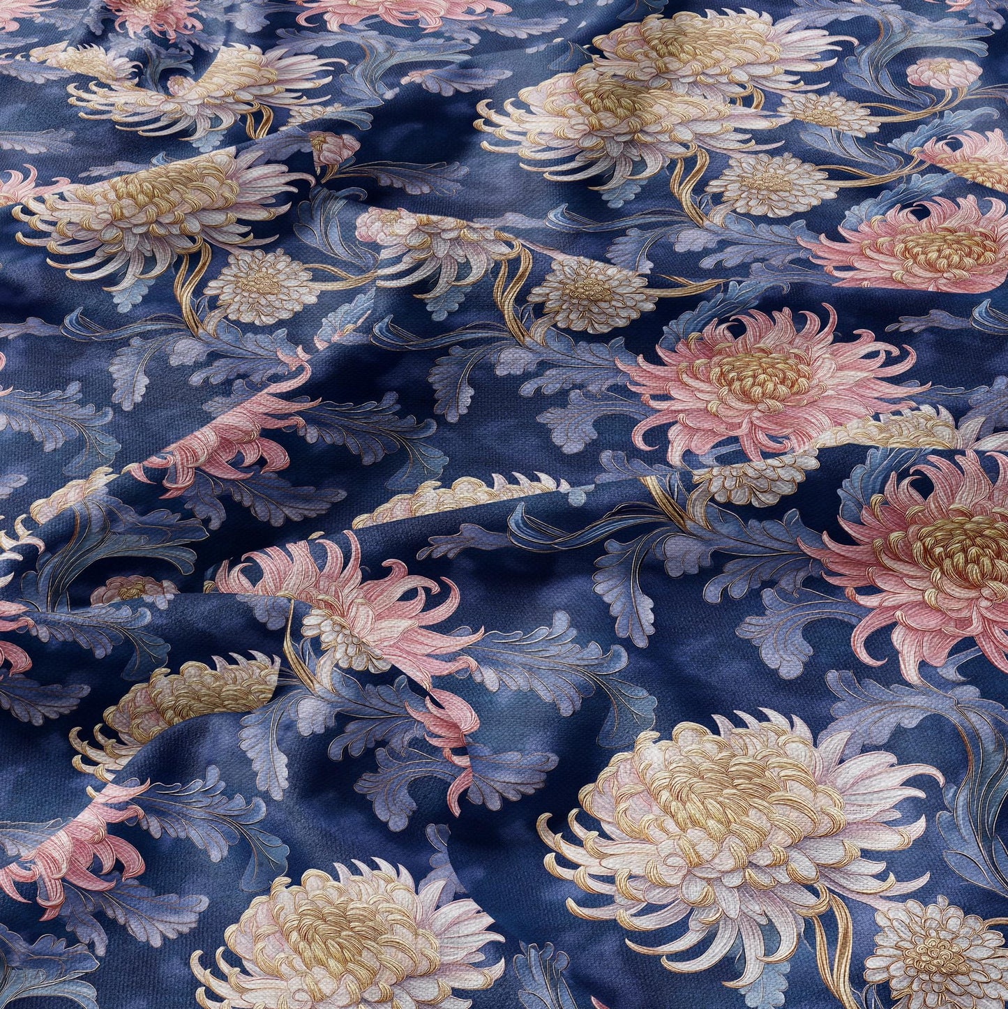 100% LINEN fabric with chrysanthemum print - Victorian Art crafts linen Fabric chinoiserie - Historical upholstery dress making