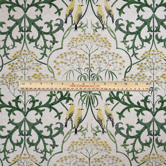 100% LINEN Fabric UPHOLSTERY 12oz - Voysey Yellow birds Tansy flower on oatmeal linen - Modern vintage historical British floral 3003