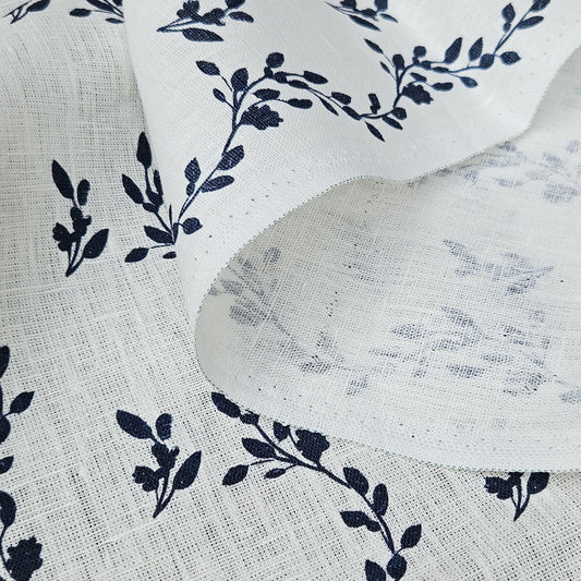 100% LINEN Fabric Striped floral indigo blue  - block print vinesprint for upholstery curtains dress making 2642