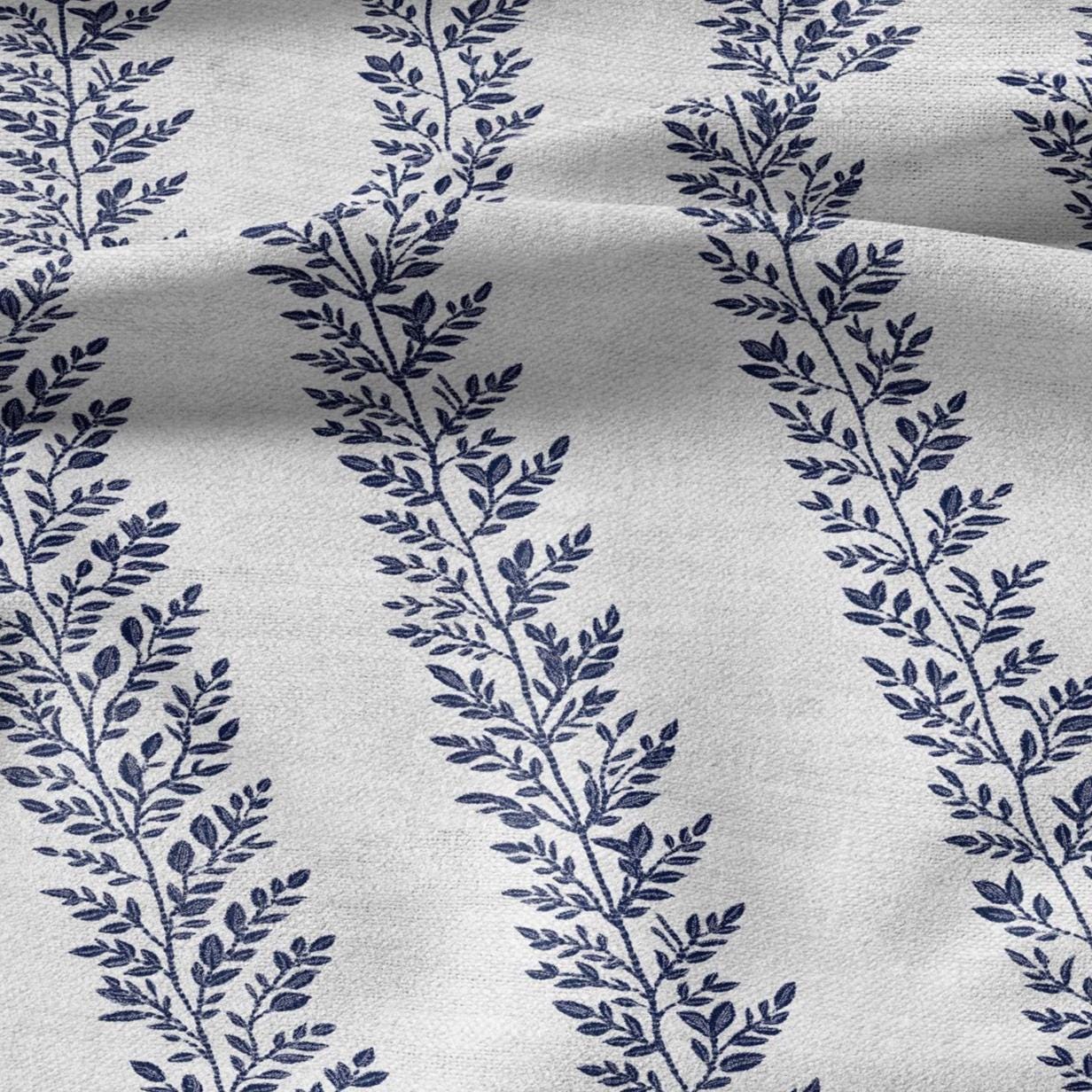 100% LINEN Fabric french blue floral stripe print on white linen - tree leaves on flax fabric for uphlstery heavy / medium for clothing 2580