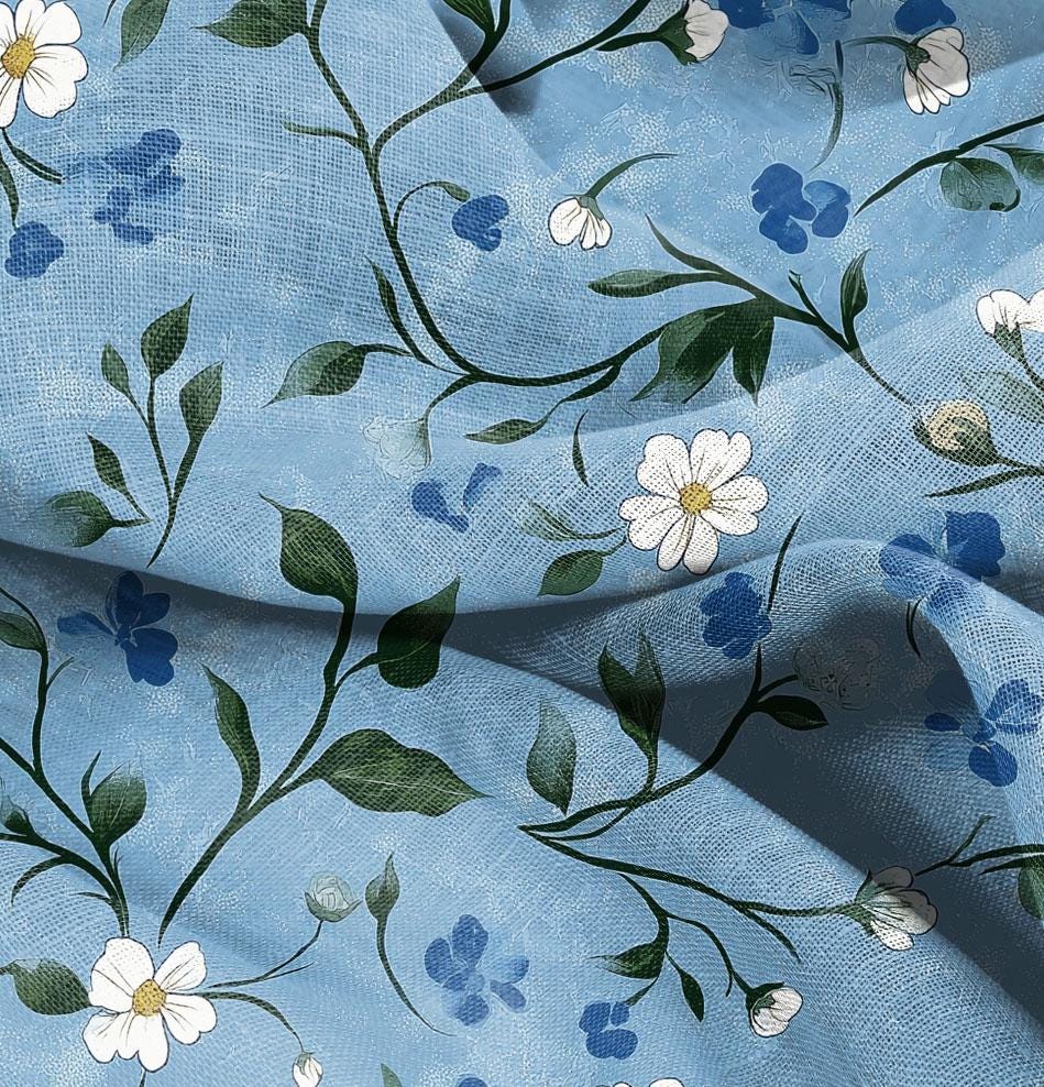 100% LINEN Fabric Floral blue print, linen fabric with blue botanical print, heavy linen fabric for upholstery home decor curtains cushions