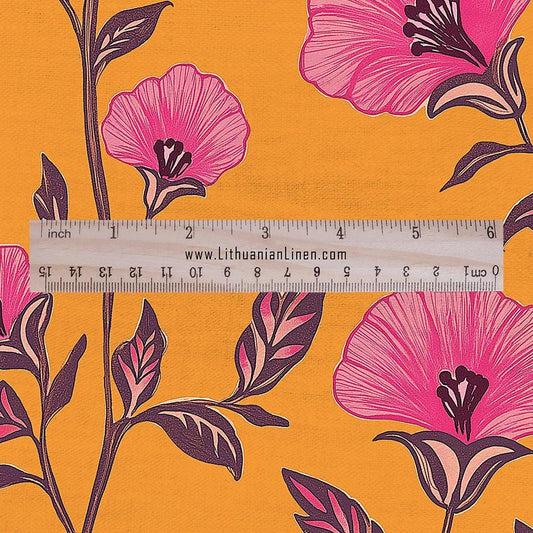 100% LINEN Fabric tropical flower print linen - orange pink floral fabric for upholstery home decor dress making 2195