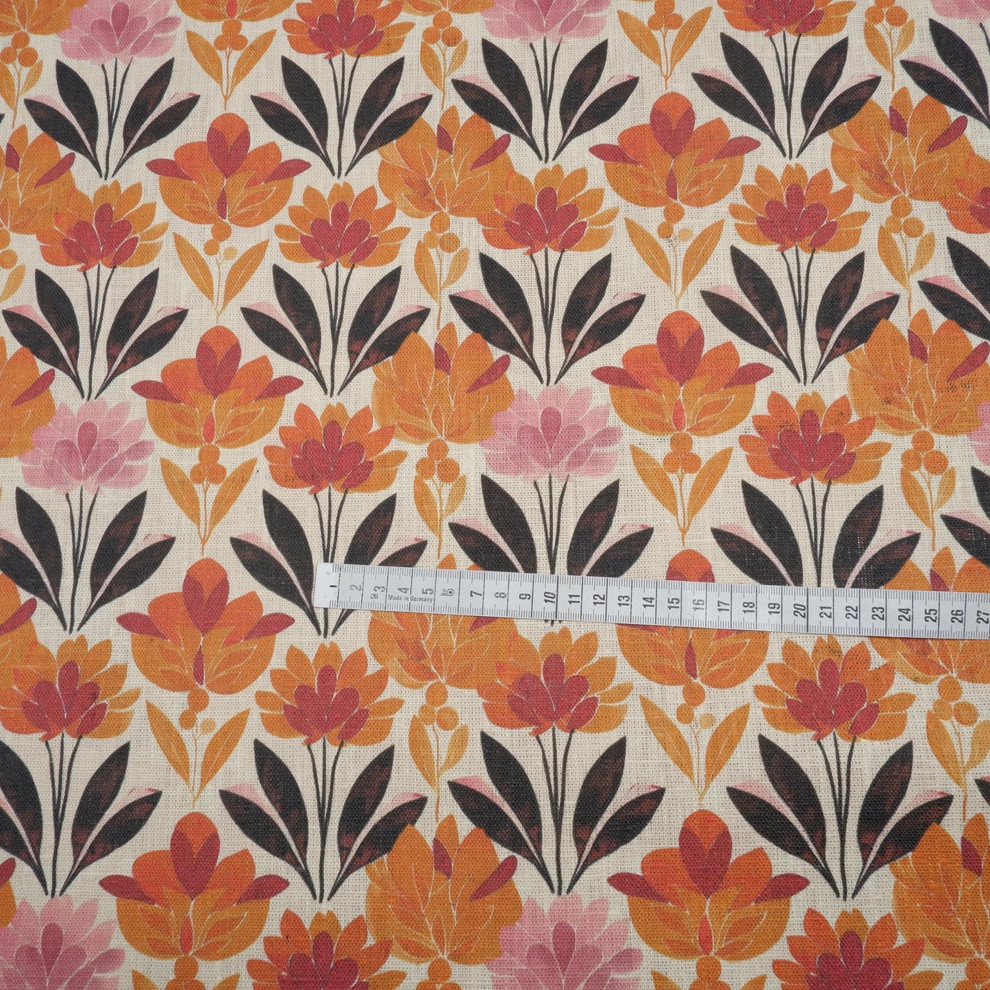 100% LINEN Fabric retro pattern on linen fabric - floral botanical orang heavy linen fabric for upholstery home decor clothing